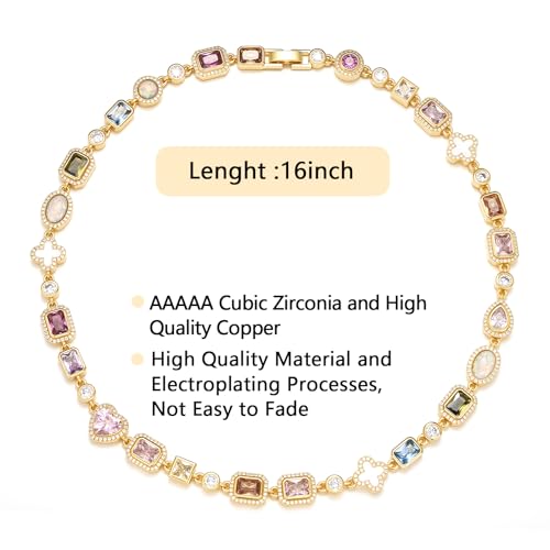 BREN Tennis Necklaces for Women - Gold Plated Gemstone Necklace Cubic Zirconia Chain Choker Necklace Colorful Necklace Rainbow Hip-Hop Jewelry Wedding Valentine's Day Gifts - Image 5