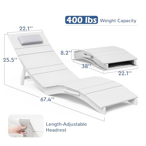 Image of Stoog Folding Pool Lounge Chairs Set of 4, HIPS Anti-Floating Outdoor Chaise with Headrest, Heavy Duty Pool Chairs for Hotel, Beach, Sun Deck, White