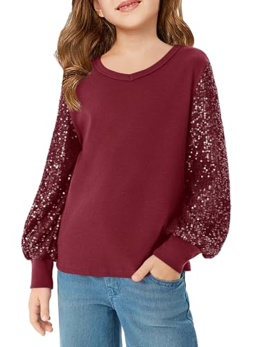 Image of Haloumoning Girls Sequin Shirts Kids Cute Long Sleeve V Neck Tops 5-14 Years