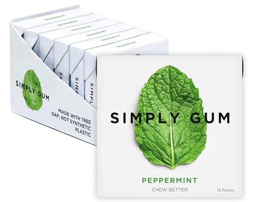 SIMPLY Gum Peppermint, Plastic-Free Natural Chewing Gum, 6 Pack (90 Pieces) | Vegan, Kosher, Non GMO, Aspartame Free and Sorbitol Free
