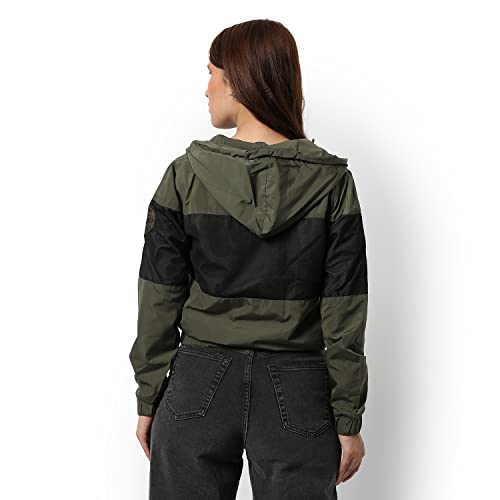 Image of Campus Sutra Women Olive Green & Black Puffer Regular Fit Bomber Jacket For Winter Wear | Standing Collar | Full Sleeve | Zipper | Casual Jacket For Woman & Girl | Western Stylish Jacket For Women