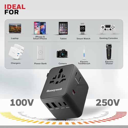 Image of Honeywell Universal Travel Adapter 70W, 7 in 1 Fast Charging, QC3.0 /PD, Universal & US Socket, 3 Type C, 2 USB A, Overload & overvoltage Protection, International Adapter for EU, US, UK & CN /AUS