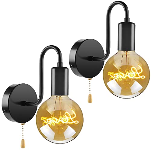 Lot de 2 Applique Murale Interieur avec Interrupteur à Tirette Noir Luminaire Mural Vintage Industrielle Design Chambre Lampe Murale Métal Décoration Couloir De Chevet Restaurant Café Salon Chambre Cover