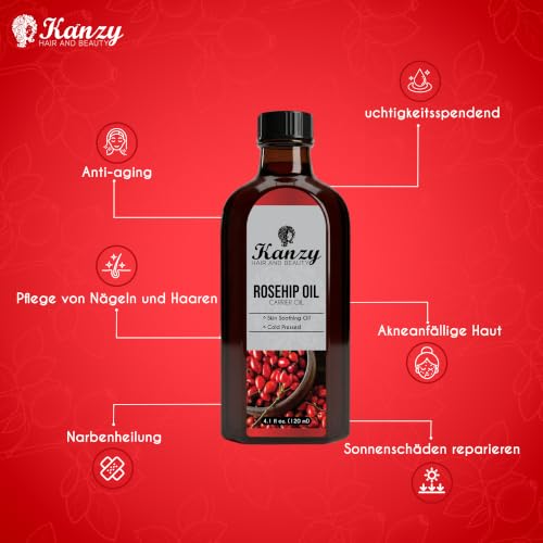 Kanzy Hagebuttenöl Kaltgepresst 100% Rein 120ml Rosehip Oil Wildrosenöl für Haut Haare Nägel Gesichtsöl Körperöl Vegan Hexanfreies… – Ansicht 6