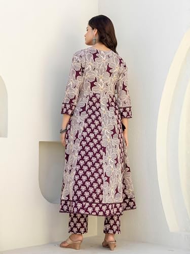 Image of Pure Cotton Anarkali Kurta Set for Women with Dupatta | 3 Piece Cotton Anarkali Suit | Floral Aari Work | Flared Ethnic Wear