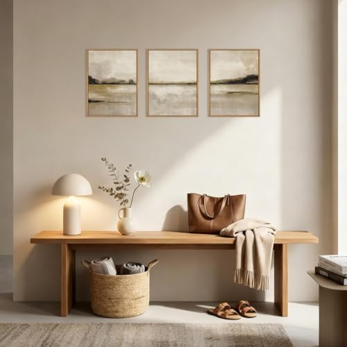 Image of KAIRNE Neutral Abstrcat Landscape Framed Canvas Wall Art Set, Retro Mountain Lake Wall Decor, Vintage Tan Scenery Art Prints, Modern Nature Artwork for Living Room,Bedroom,Farmhouse,Office-12 x16 x3