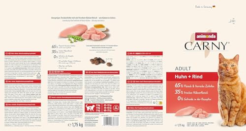 animonda Carny Katzen Trockenfutter Huhn und Rind (1 x 1,75 kg), Trockenfutter für ausgewachsene Katzen ohne Zucker und Getreide, mit frischem Hühnerfleisch und Rinderprotein