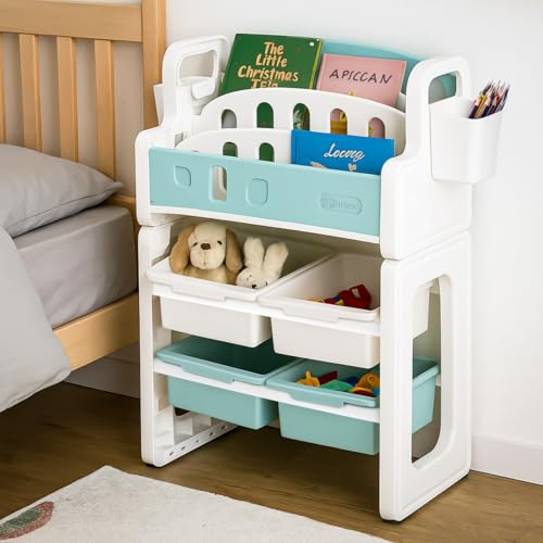 Image of BAYBEE Multipurpose Storage Rack for Kids | Toy Organizer & Bookshelf for Toddlers | Compact Storage Shelf for Toys, Stationery, Art Supplies | Detachable Book Rack with Rounded Corners (Green)