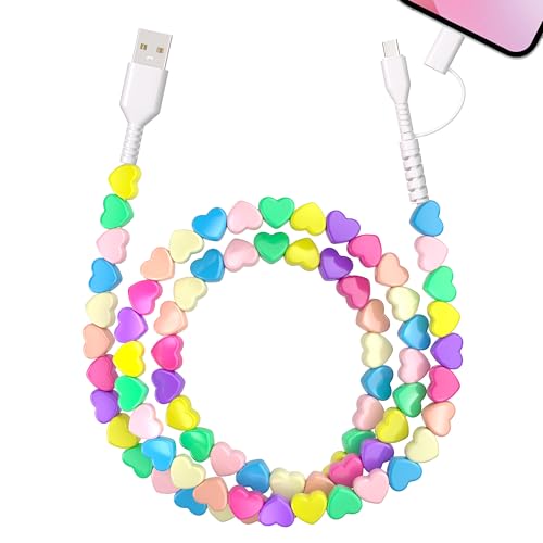 Image of Aolcev USB C Cable 66W 2 in 1 Multi USB to USB C Fast Charging Cable 3.3FT Beaded for iPhone Charger Star Beads USB Type C Charger Cord for iPhone 17 16 15 14 Pro Max Galaxy S25 S24 Colorful Hearts