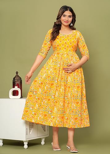 Image of Women's Feeding Kurta Cotton | Floral Anarkali Pregnancy Kurta with Nursing Zipper | Pre & Post Partum | Maternity Dresses | Mom to Be Gift