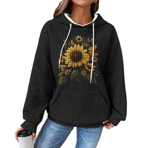domirica Lightweight Sweatshirts For Women Sunflower Trendy Waffle Knit Hoodie