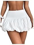 GORGLITTER Women's Mini Bubble Skirt High Elastic Waist Plain Cute Ruffle Flared Short Skirts with Build in Shorts White S