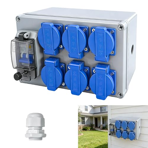 Distribuidor eléctrico para obras 16 A, distribuidor de pared con interruptor automático y FI, 6 tomas Schuko 230 V Caja de distribución, distribuidor eléctrico IP44, subdistribución en superficie