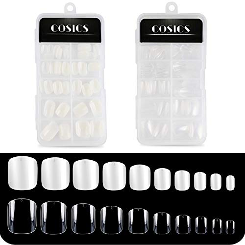 Press On Nails Short Square Full Cover, 200PCS Cosics Clear & Natural Short Acrylic Nails with Storage Box, 10 Sizes Artificial False Fake Nail Art Tips for Salon Women Party Nail Design, Manicure