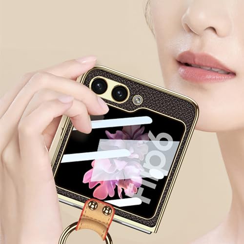 Image of BOUNCEBACK Electroplated Leatherette Case /Cover Ring with Strap for Samsung Galaxy Z Flip 6 / Galaxy Flip 7 FE (2025) Case Cover - (Pink | Faux Leather)