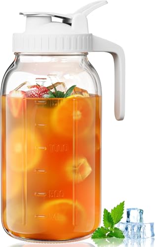 Image of VA1KENE 64oz Glass Pitcher, 2 Quart Mason Jar Pitcher with Lid and Spout | Wide Mouth | Airtight | Leakproof | Glass Water Jug for Juice, Sun Iced Tea, Cold Brew Coffee, Milk Storage, White