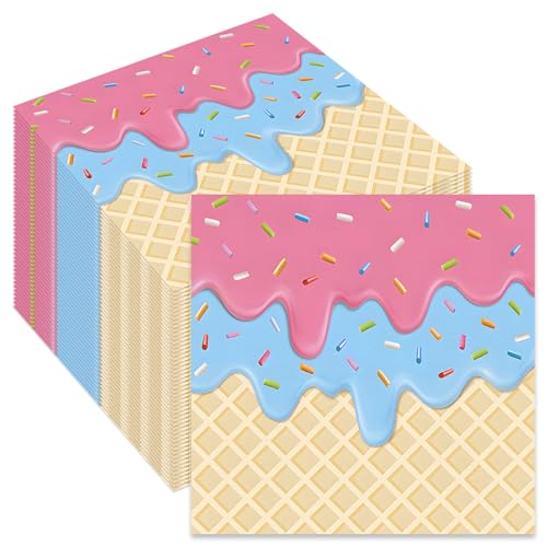 50 Count Ice Cream Party Napkins 2-Ply Disposable Lunch Napkins with Colorful Sprinkles and Melting Ice Cream Design for Kids Birthday Parties Dessert Celebrations and Summer Gatherings