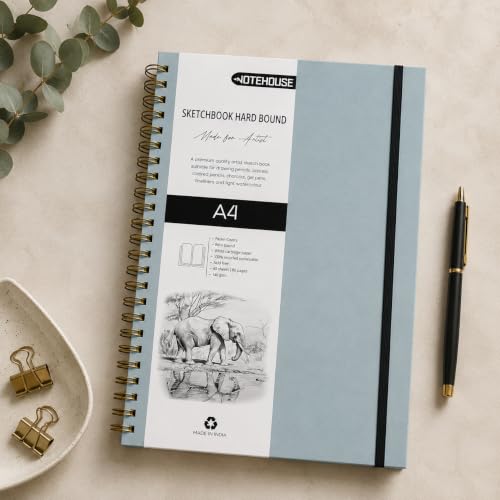 Image of Notehouse A4 Sketchbook Hard Bound Made for Artist 140 GSM Art Notebook (30x21 cm) | 80 White Unruled Pages | Thick Smooth Drawing Paper | Pastel Blue Hard Cover