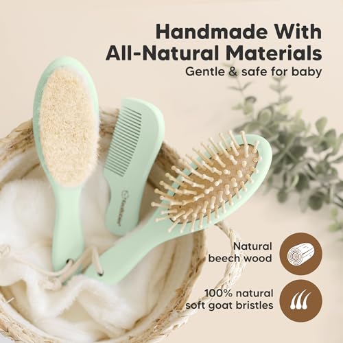 Image of Wooden Baby Hair Brush Set for Newborns, Toddler Comb (Sage, Regular) | Soft Goat Bristle, Baby Brush and Comb Set, Infant Grooming Kit, Cradle Cap Care, Durable & Gentle, Boy, Girl Bath Essential