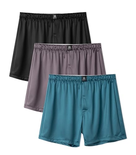 DAVID ARCHY Stretch Satin Boxers for Men, Silk Feeling Boxer Shorts, Breathable Loose Men's Underwear for Sleep 3 Pack