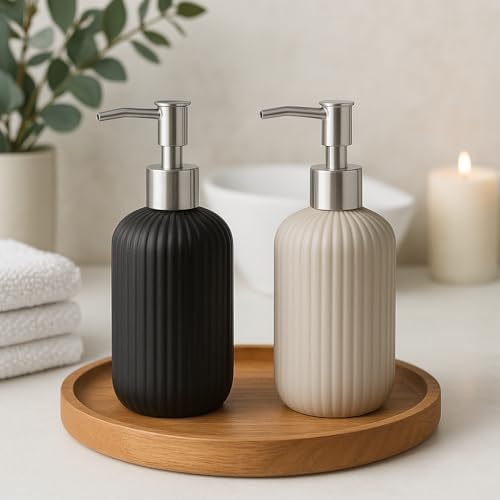 Image of LAGET 300ml Soap Dispenser for Wash Basin -Ribbed Design | Kitchen and Bathroom Accessories Items | Liquid Handwash Dispenser Bottle Chrome Finsih Top- Set of 2 (Black and Grey)