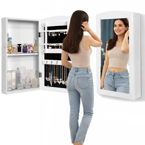 BAKAJI Specchiera Portagioie da Parete Bianca con Anta Apribile e Scomparti, Specchio a Muro Porta Gioie, Armadietto Organizer con Struttura in Legno Design Moderno, 60 x 30 x 8,5 cm