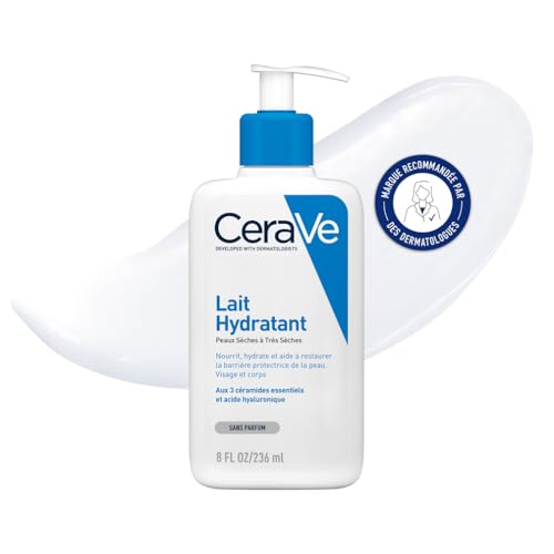 CeraVe – Lait Hydratant – Nourrit, Hydrate et Aide à Restaurer la Barrière Cutanée – Visage & Corps – Acide Hyaluronique + 3 Céramides Essentiels – Sans Parfum – Peau Sèche à Très Sèche – 236 ml