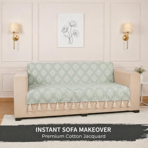 Image of STITCHNEST 'Verdant Rekhika Stories' 3 Seater Sofa Cover | Full Coverage with Armrest Pockets | Elegant Jacquard Fabric, Decorative Tassels, Washable & Durable for Modern Living