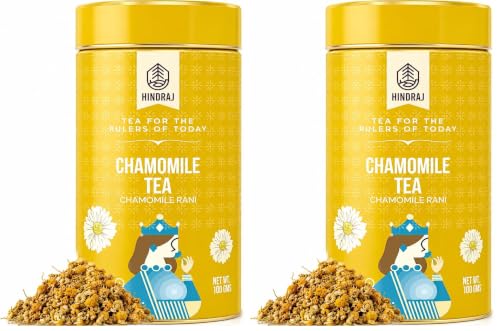 Image of Hindraj Chamomile Rani Herbal Green Tea 100 g Loose Leaves Organic, Refreshing Ice Tea, 100% Natural Ingredients, No Added Sugar Soothing & Cooling, Great for Hot & Cold Brews (Pack of 2)