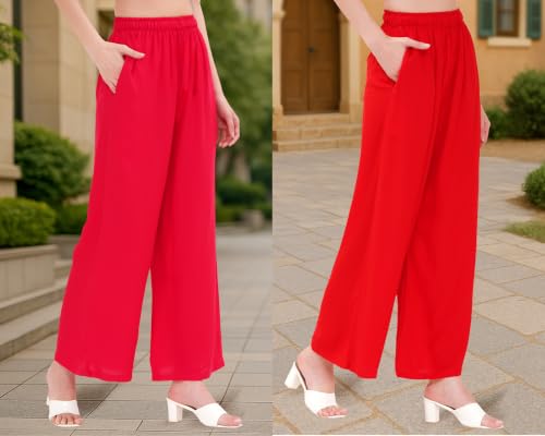 Image of Buy That Trendz Palazzo Pants for Women Cotton Rayon Elasticated Regular Fit Flared Wide Leg M to 6XL Pack of 2
