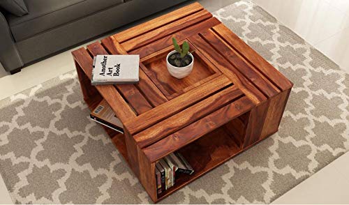 Image of Krishna Wood Decor Solid Sheesham Wood Coffee Table for Living Room | Center Table with Open Storage | Wooden Square Coffee Table | Modern Tea Table for Home & Office | Honey Finish