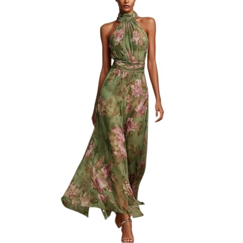 Womens Fall Boho Dresses Halter Flowy Floral Wedding Guest Maxi Dress Green - image 7