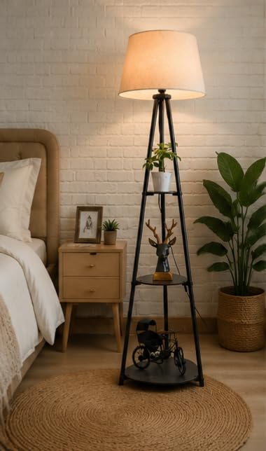H B Trading Company Metal Tripod Floor Lamp with Shelves | Linen Shade, Living Room Decor, Standing Light-picture-11