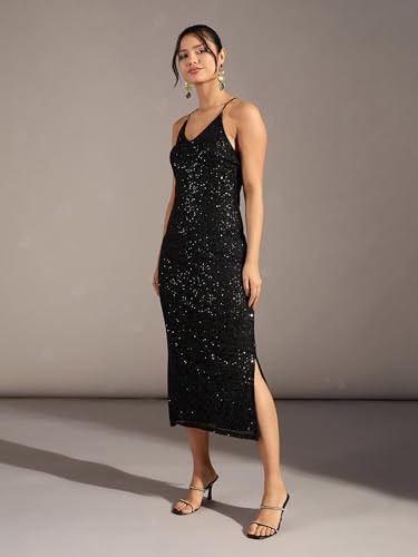 Image of barcino Black Sequin Strappy Midi Dress
