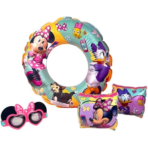 Disney Junior Minnie Mouse Inflatable Swim Set Floaties Bundle for Girls - 3 Pc Minnie Pool Set with Swim Ring, Arm Floats, and Goggles Cover