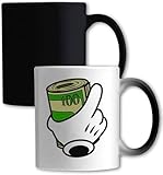 Tasse mit Cartoon-Händen, Geldbewegungen, Farbwechsel, Weiß