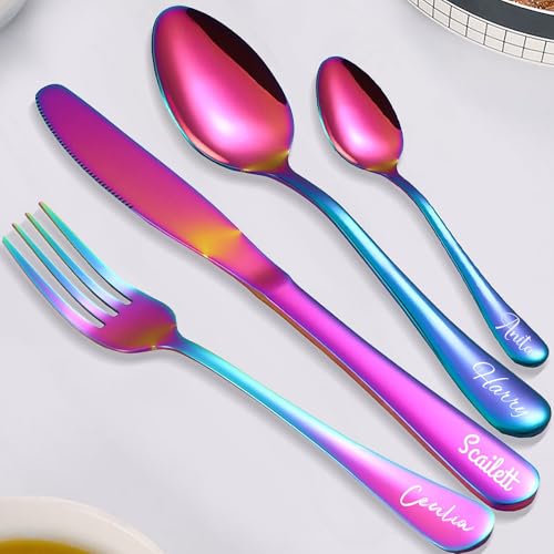 Personalisiertes graviertes Besteck, 1 Set von 4 Stück, Individuell Besteck mit Geschenkbox, Namensgabel/Messer/Löffel, Edelstahlbesteck (Stil 4)