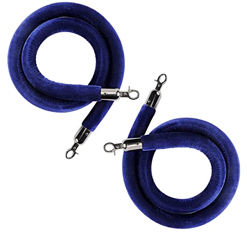 Barrier 3/4/5/10Ft Orange Velvet Stanchion Rope, Blue Crowd Control Barriers for Stanchion Posts Queue Pole, Rope Barrier with Silver Hooks, Queue Barrier Ropes for Carpet Events, 2 Pcs(Blue,6ft/185cm