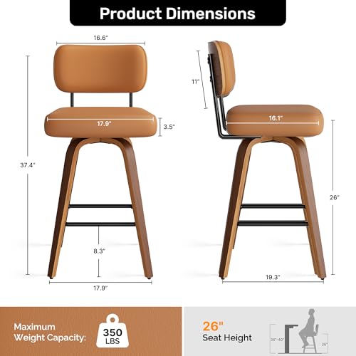 Image of Swivel Bar Stools Set of 1, 26 inch Upholstered Faux Leather Counter Height Barstools with Walnut Back & Bentwood Legs, Mid Century Modern Bar Chairs Island Stools for Kitchen Counter, Brown