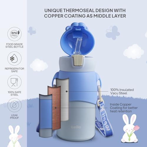 Image of Cello Bunny Kids Stainless Steel Flask 500ml, Blue | Double Walled Vacuum Insulated Technology | One Click Push Button to Open | Ideal for School, Sports, Picnics