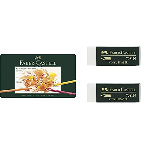 Faber-Castell-110036 Lápices de Colores, 36 Unidades, + Blister 2 gomas de borrar Goldfaber blanco