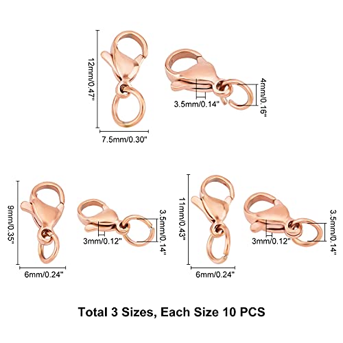 UNICRAFTALE 30pcs 3 Sizes Rose Gold Lobster Claw Clasps 9-12mm Necklace Claw Clasps with Loop Stainless Steel Jewelry Clasps Fastener Hook Clasp for Jewelery Making 4-6mm Hole by UNICRAFTALE - Image 4