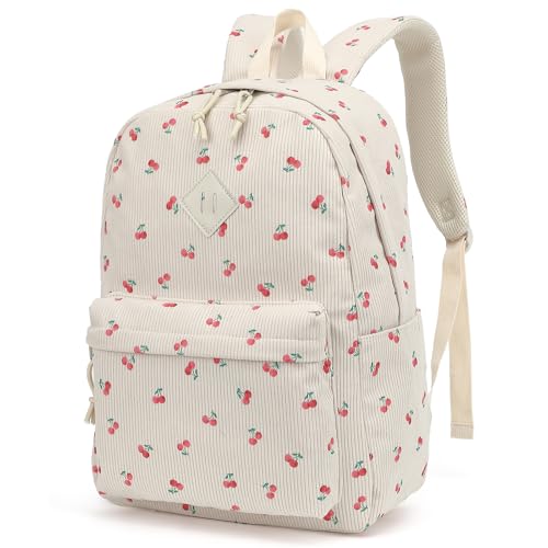 Mochila feminina de veludo cotelê para escola, faculdade, mochila casual de viagem, Corduroy Cherry, Medium to Large