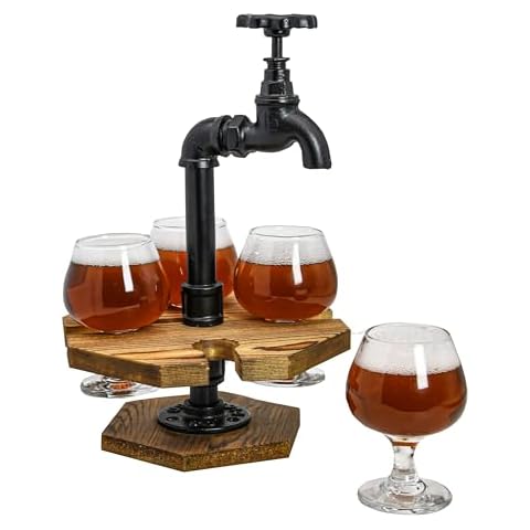 Owlgift Industrial Pipe & Burnt Wood Beer/Whiskey Flight Set with 4 Glasses, Cast Iron Faucet Spigot Design Cover