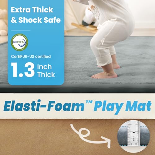 Image of 1.3 inch Thick Baby Floor Play Mat, 50x74 Padded Foam Tummy Time Crawling Mat, Non-Slip Water-Repellent Soft Plush Nursey Area Rug for Playroom Bedroom Living Room (Light Gery)