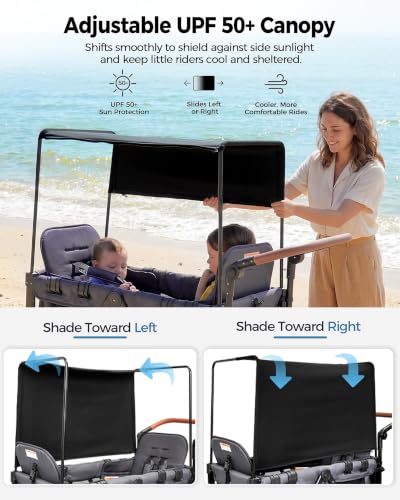 Stroller Wagon for 2 Kids, Foldable 2 Seater Wagon Stroller with Raised Seats, 5-Point Harnesses, Adjustable UPF 50  Canopy, Front Zip Door, All-Terrain Wheels, Insulated Snack Bag, Gray