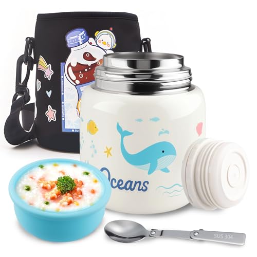 TXErfolg Termo para Comida 500ml, Frasco Acero Inoxidable Contenedor Térmico con cuchara plegable, Recipiente Térmico para Comida con Funda para taza para sopa, papilla y yogur(Blue Whale)