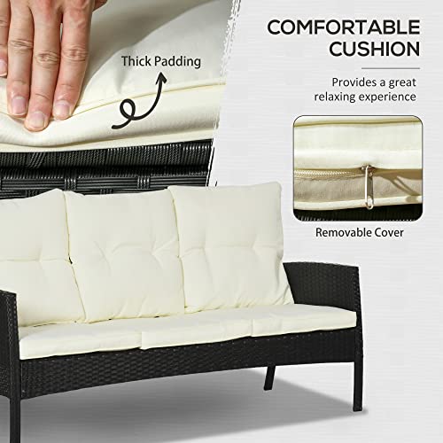 Outsunny 5 Seater Rattan Garden Furniture Set, 6 Piece Garden Sofa Set, Armchairs, 3-Seater Sofa, Footstools, Glass Dining Table, Cushions, Wicker Outdoor Furniture for Conservatory Patio, Cream 4 Outsunny 5 Seater Rattan Garden Furniture Set, 6 Piece Garden Sofa Set, Armchairs, 3-Seater Sofa, Footstools, Glass Dining Table, Cushions, Wicker Outdoor Furniture for Conservatory Patio, Cream - Image 4