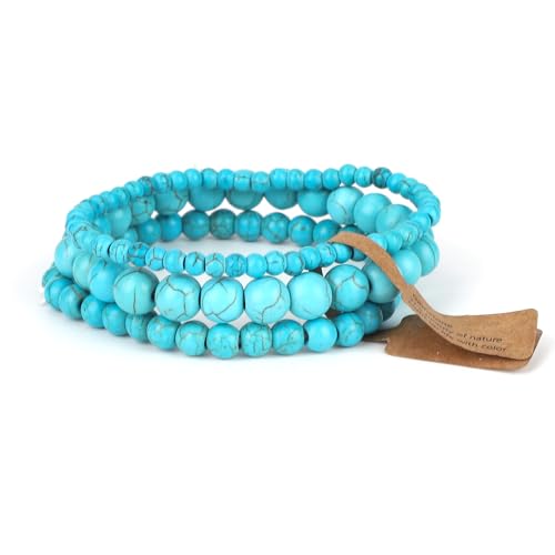 3pcs Turquoise Bracelet, 3 Sizes Turquoise Beaded Bracelet Green Stone Fidget Jewelry Blue Gemstone Elastic Bead Chain for Women Men Friends Coworkers