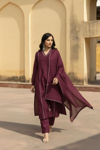 Image of ANNI Designer Women Ethnic Kurta Pant Set Rayon Viscose Straight Fit Solid Embroidered Dupatta Traditional Indian Wear Outfit Suitable Casual Festive Office Styling